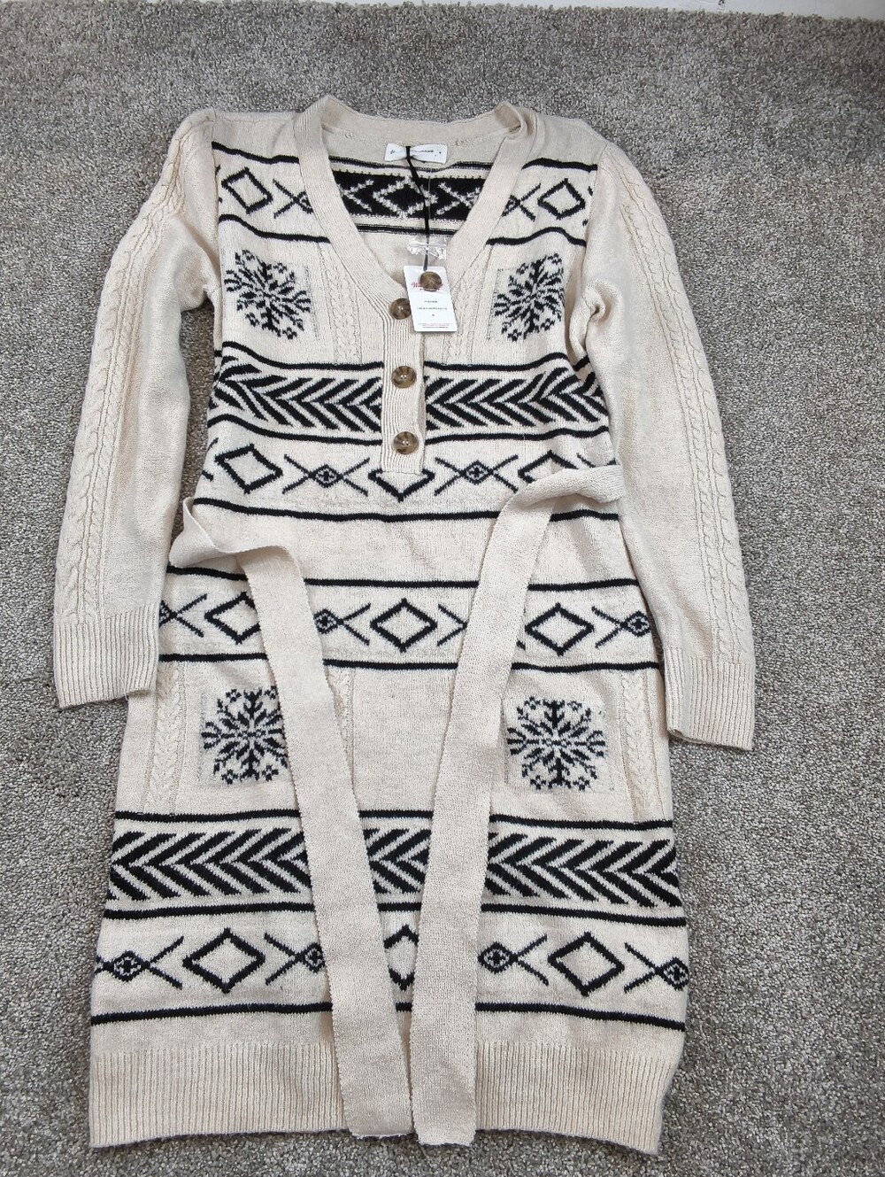 Lucky Brand Sweater Dress Snowflake Jacquard Belted  Cream Size  Medium NWT